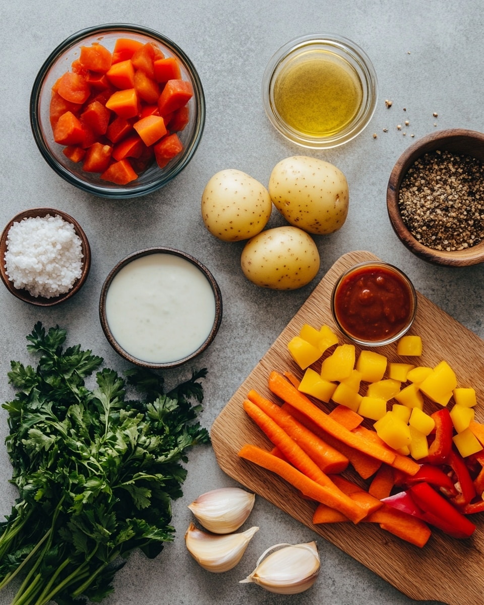 A close-up of a white bowl filled with a thick stew that has a rich reddish-brown broth. Inside, there are visible layers including round orange carrot slices, small green peas, pale yellow chickpeas, chunks of light golden potato, bits of brown crumbled meat, and some grain-like orzo pasta pieces mixed throughout. The bowl sits on a light blue cloth over a white marbled surface, showing the stew's mix of soft and chunky textures. Photo taken with an iphone --ar 4:5 --v 7