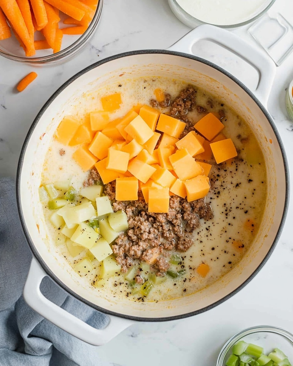 A white pot with two handles holds a creamy soup base with visible small pieces of ground meat, diced potatoes, orange carrot slices, and green celery bits. On top, there are large bright orange cheese cubes piled in the center, sprinkled with black pepper. A clear glass container is pouring white milk or cream into the pot over the cheese. Around the pot on a white marbled surface, there are two small white bowls, one with diced carrot pieces and one with small cheese cubes. A light blue cloth is partially visible near the pot handle. Photo taken with an iphone --ar 4:5 --v 7