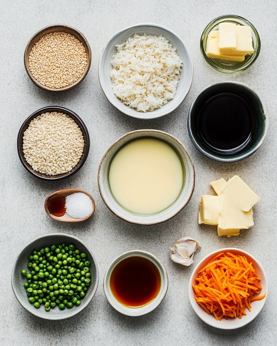 The image shows a close-up of a white plate with several pieces of cooked light brown chicken with a shiny texture in the front. To the left, there is a mound of golden fried rice with small bits of green peas and carrots mixed inside. Behind the rice, there is a serving of mixed stir-fried vegetables, including dark brown mushrooms, green zucchini, and light brown onion strips, sprinkled with white sesame seeds. Near the center-right of the plate, a small white bowl filled with creamy, thick light tan sauce sits, with a piece of chicken being dipped into it by metal chopsticks held by a woman's hand. The plate is placed on a white marbled surface. In the blurred background, another similar white plate with food is visible. photo taken with an iphone --ar 4:5 --v 7