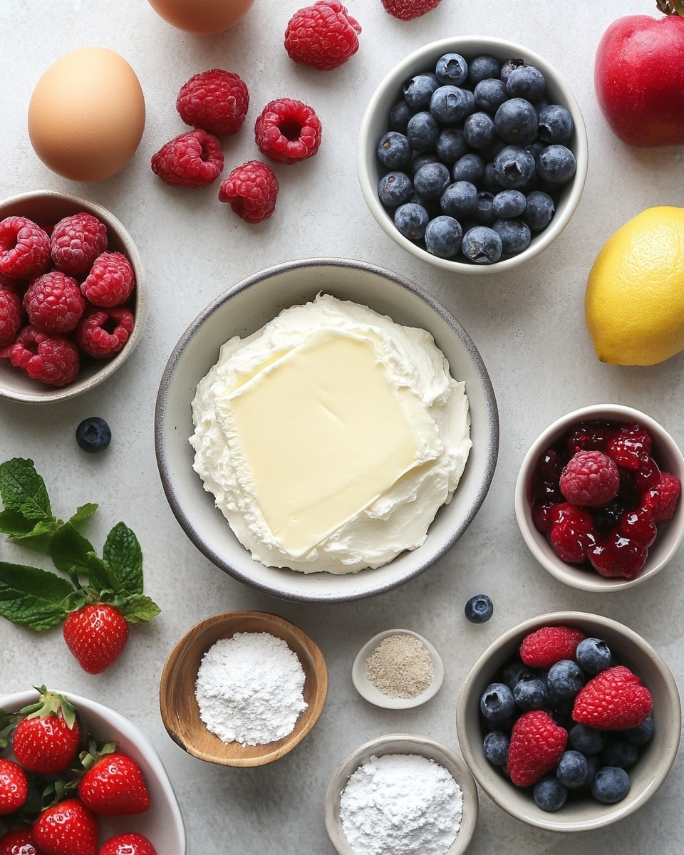 A round, three-layer white cake is covered with smooth, creamy white frosting. The sides have rows of thick, rounded dollops of frosting stacked neatly from bottom to top. On the top edge, a cluster of fresh berries, including whole strawberries, halved strawberries, blueberries, and raspberries, sits on small dollops of frosting, adding bright red and blue colors. The cake sits on a clear glass cake stand, and the background features a white marbled surface. photo taken with an iphone --ar 4:5 --v 7
