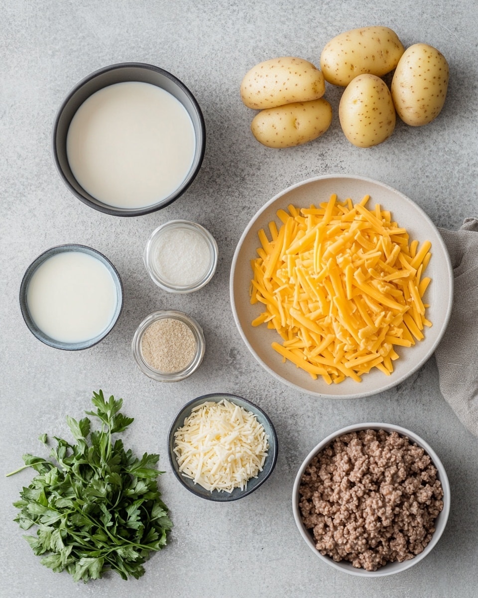 A white plate holds a layered dish with about four layers. The bottom layer is soft, round slices of light yellow potatoes. On top of this, there are chunks of browned ground meat mixed with a creamy, pale sauce. The third layer has melted orange cheese that spreads unevenly over the potatoes and meat. Some chopped green herbs are sprinkled on top for color. The plate sits on a white marbled surface, with some whole potatoes, green herbs, and salt and pepper shakers nearby. Part of a white dish with more of the same food is visible in the upper right corner. Photo taken with an iphone --ar 4:5 --v 7