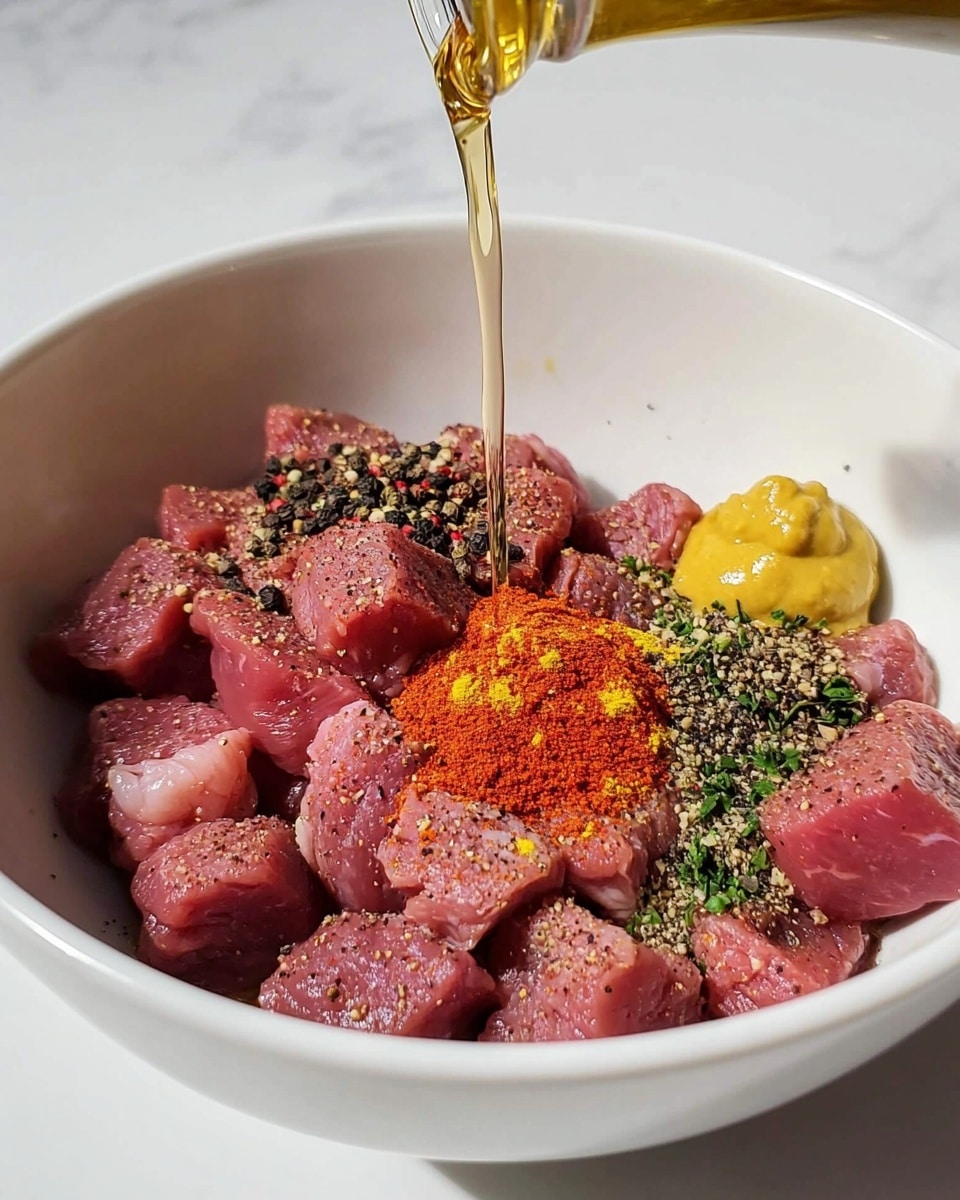 A white bowl sits on a white marbled surface filled with small, raw pink meat cubes. The meat is topped with several colorful seasonings: bright orange powder on the left, green herbs scattered across, yellow lemon zest on the right, a dollop of pale yellow mustard beside the zest, and a sprinkling of black pepper. A woman’s hand is holding a bottle pouring clear golden oil over the meat, creating a thin stream from above. The lighting highlights the texture and freshness of the ingredients photo taken with an iphone --ar 4:5 --v 7