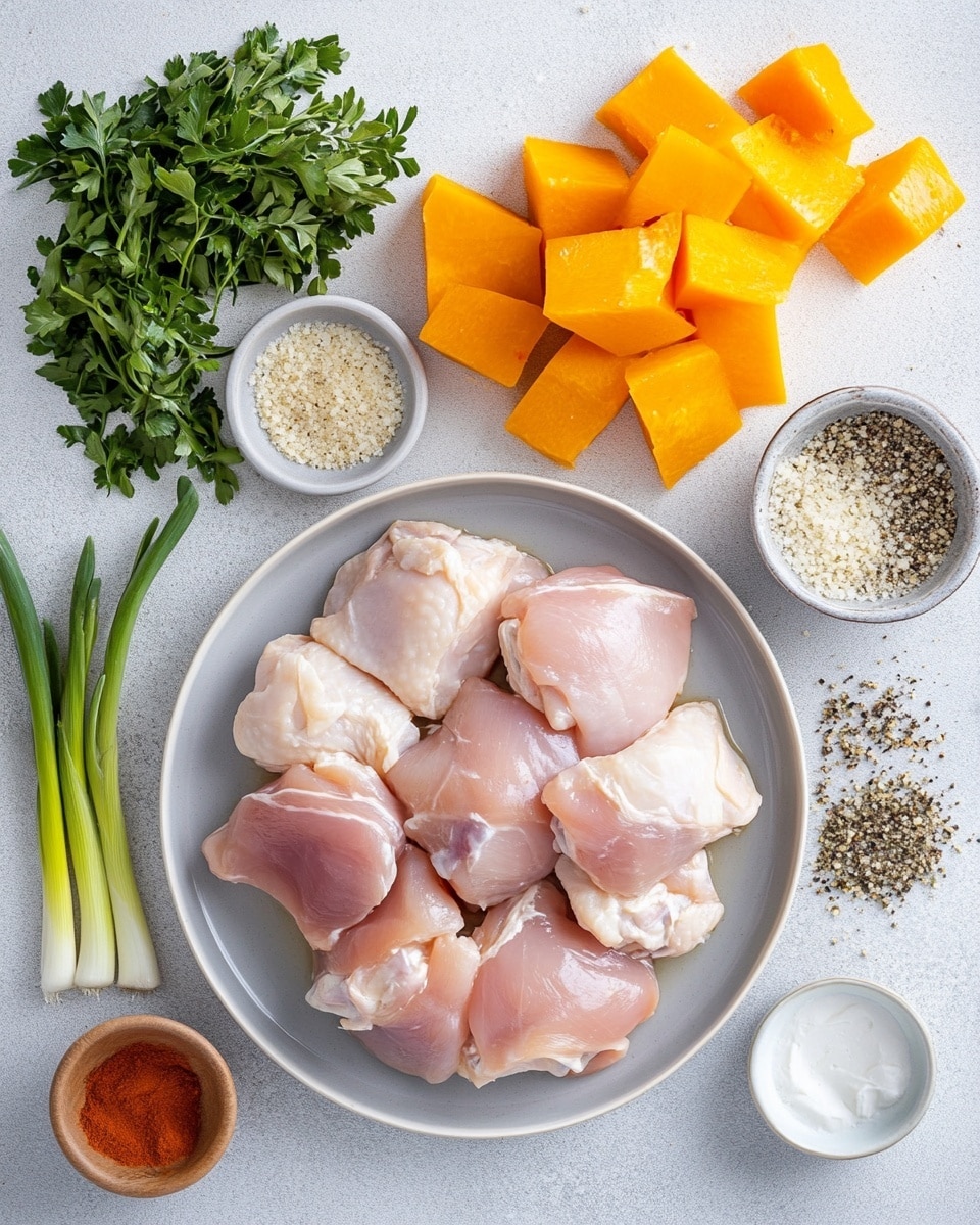 The image shows a white baking dish filled with a cooked chicken and vegetable casserole. The dish has three main layers: the bottom layer made of soft, cooked orange butternut squash cubes mixed with sautéed light yellow and green celery pieces, the middle layer is creamy and light yellow with melted cheese and sauce, and the top layer has browned chicken pieces with a slightly crispy and golden texture scattered evenly, garnished with chopped green parsley on top. The casserole has a juicy, rich appearance with some bubbling sauce visible at the edges. The dish is placed on a green and white checked cloth on a white marbled surface, with a wooden-handled metal spatula resting beside it. Photo taken with an iphone --ar 4:5 --v 7