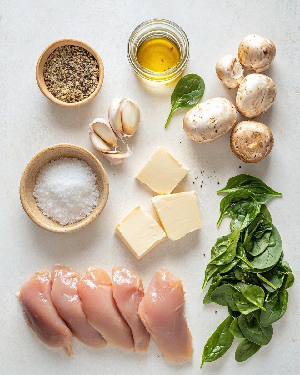 A white plate with a stuffed chicken piece in the center, showing three layers: the golden-brown cooked chicken on top, melted white cheese mixed with wilted dark green spinach in the middle, and sautéed brown mushrooms at the bottom, some mushrooms and spinach spilling out slightly to the side in a light brown sauce. To the left, there is a small heap of creamy light beige risotto sprinkled with green herbs, and behind it, fresh bright green spinach leaves. A copper fork rests on the right side of the plate. The scene is set on a white marbled surface. Photo taken with an iphone --ar 4:5 --v 7