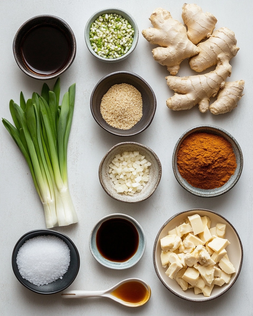 The image shows three pieces of glossy, dark reddish-brown glazed chicken on a black skillet. The chicken pieces are topped with white sesame seeds and fresh green cilantro leaves. The skillet sits on a round wooden board with scattered white sesame seeds around it. To the left, there is a white bowl with blue patterns filled with white rice, and above the rice, there is a small bowl filled with fresh green cilantro leaves. The background surface is a white marbled texture. Photo taken with an iphone --ar 4:5 --v 7