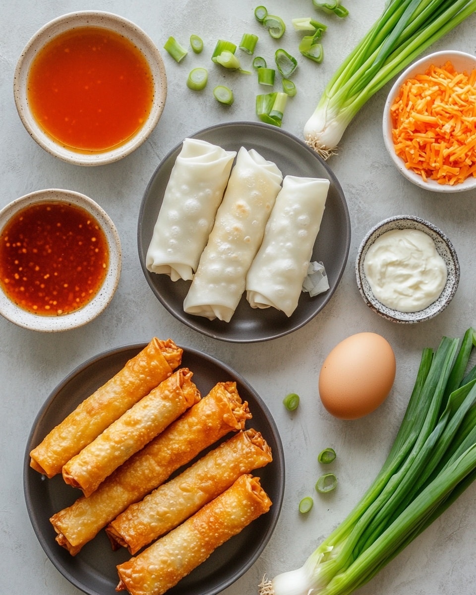 Seven golden-brown crispy rolled tacos sit on a dark brown wooden board. Each taco has thin white sauce lines drizzled over, with small green onion pieces sprinkled on top. A small metal cup filled with bright red sauce is placed on the lower left corner of the board. The tacos have a crunchy texture with some darker spots on the surface. The background features a white marbled texture. photo taken with an iphone --ar 4:5 --v 7