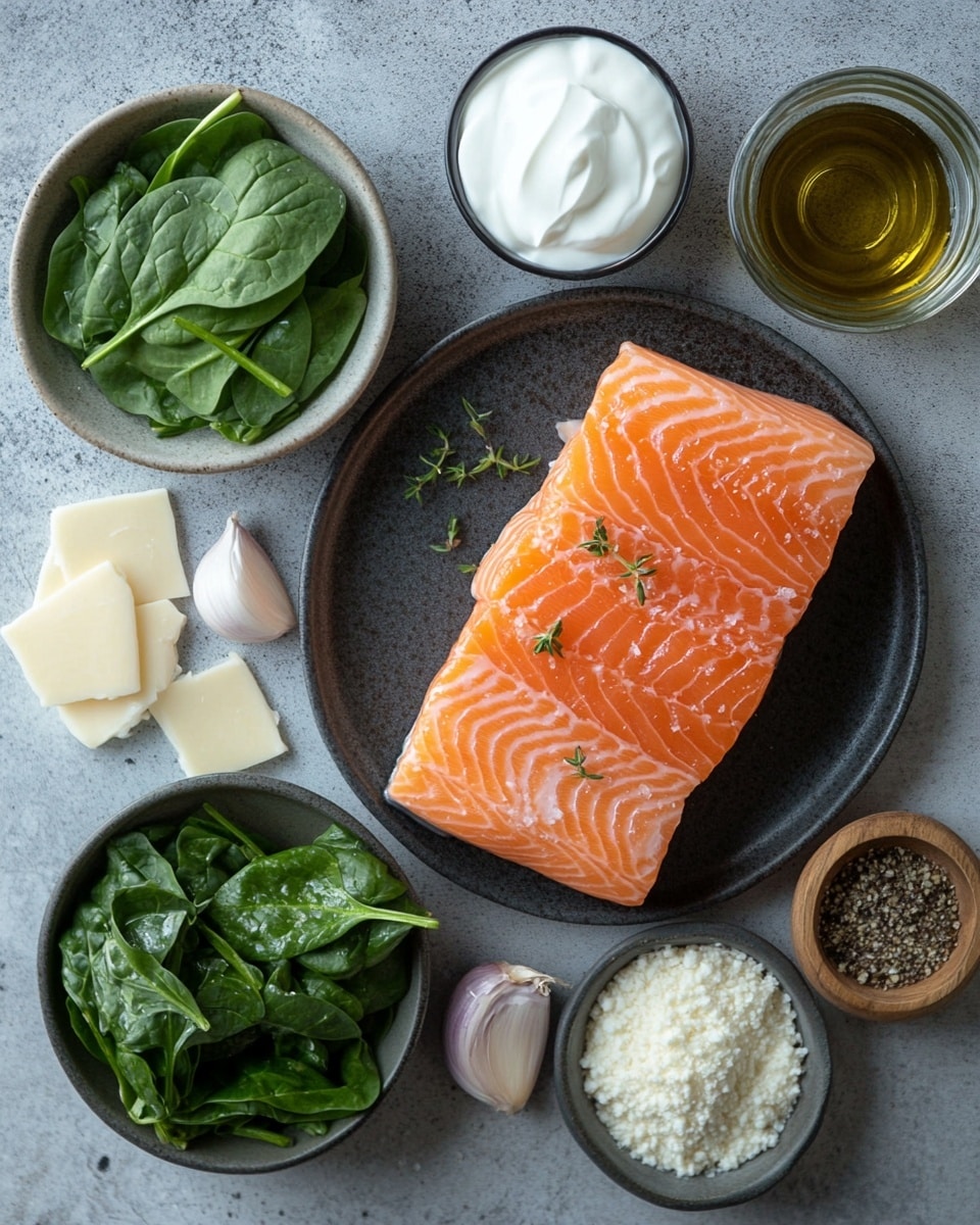 The image shows a close-up of a piece of cooked salmon on top of dark green leafy vegetables. The salmon is orange with light grill marks and is topped with a thick, creamy white cheese sauce that is melting down the sides. On top of the cheese sauce, there are small, golden brown crunchy bits that add texture. The background is a white marbled surface, and more pieces of salmon with the same layers are blurred in the background. photo taken with an iphone --ar 4:5 --v 7