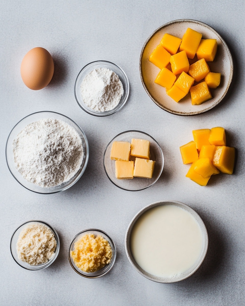 The image shows several yellow crepes folded into neat rectangular shapes, placed on a white plate with a dark blue rim. Each crepe is topped with small yellow mango chunks. In front, one crepe is cut in half, revealing three layers: a yellow soft mango center, surrounded by a thick layer of white cream, all wrapped in the smooth yellow crepe. The plate is set on a white marbled surface. photo taken with an iphone --ar 4:5 --v 7