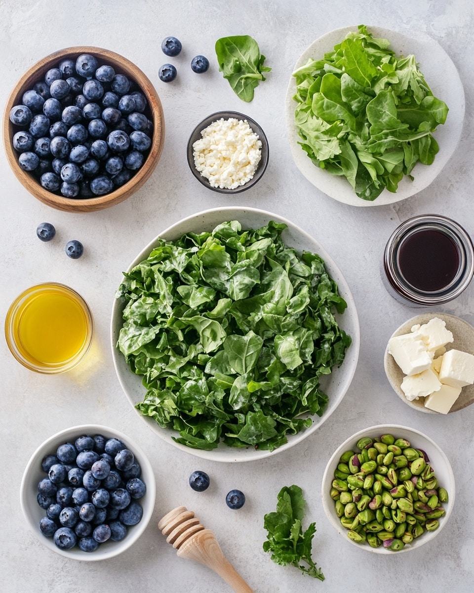 The image shows a fresh salad served in a white bowl, placed on a white marbled surface. The salad has three main layers: the bottom layer is bright green leafy arugula with a soft texture; the middle layer features round slices of pale green cucumber evenly spread around; the top layer is a mix of large, plump blueberries with a deep blue color, scattered pistachio nuts with a light brown and green tone, and small black peppercorns. White flower petals are delicately placed on top, adding contrast and lightness to the vibrant colors. The salad looks fresh and colorful, with small drops of dressing glaze giving a slight shine. Photo taken with an iphone --ar 4:5 --v 7