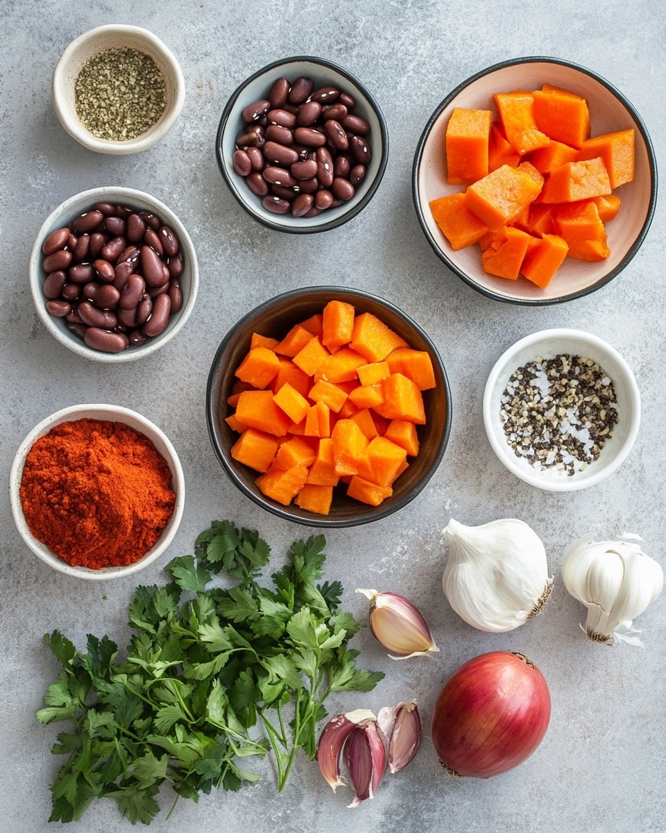 A top view of several clear glass bowls and a measuring cup placed on a white marbled surface, each filled with different ingredients. The largest bowl contains dark black beans, another measuring cup holds bright orange cubed sweet potatoes, and a medium bowl has diced white onions. Smaller bowls contain finely chopped green herbs, vibrant red diced tomatoes with juice, a golden yellow liquid (likely oil), and various spice powders in shades of red and brown. One tiny bowl holds coarse salt, and another has cracked black pepper. The arrangement is neat and evenly spaced, showing a colorful and fresh set of cooking ingredients. photo taken with an iphone --ar 4:5 --v 7