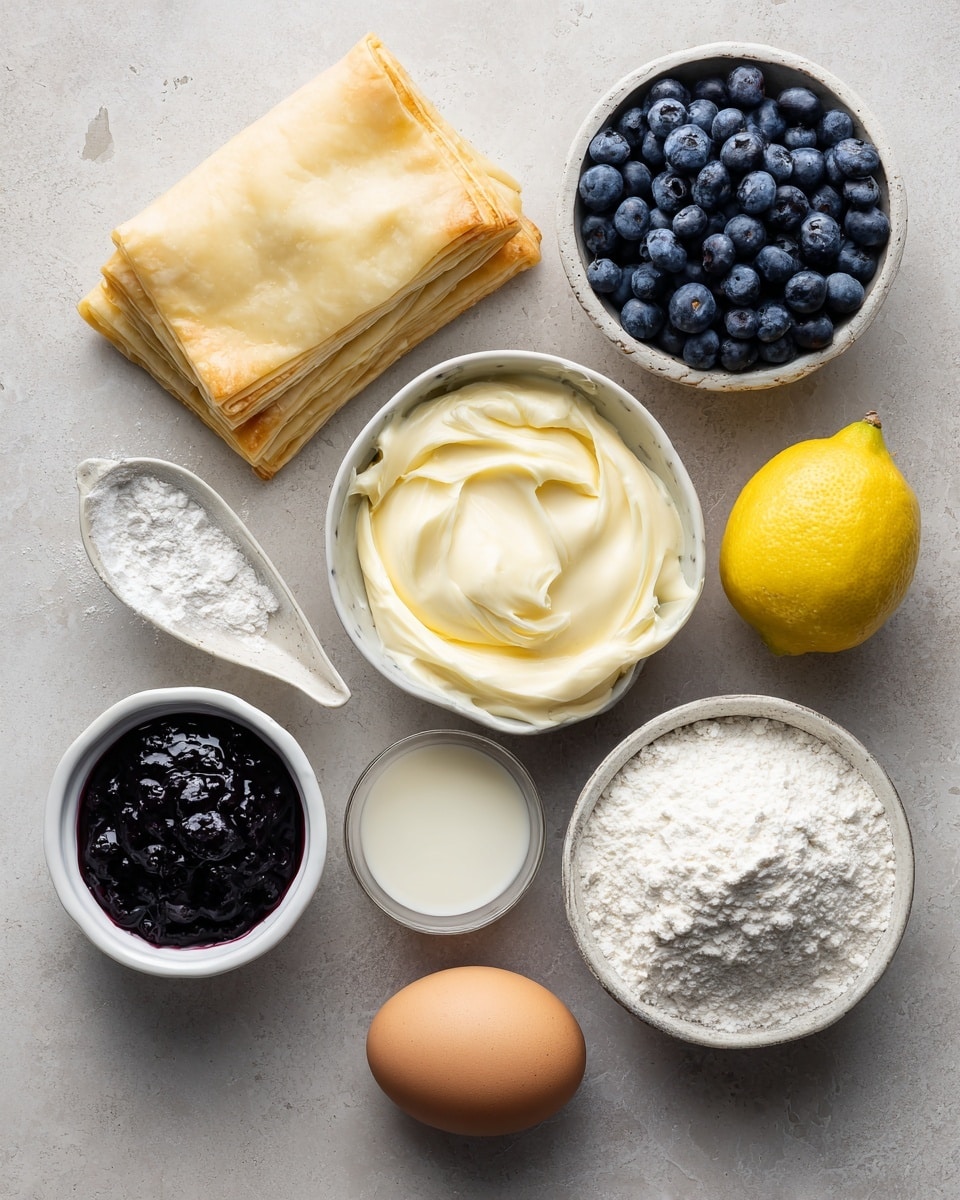 The image shows four golden puff pastry rings, each with two layers; the top and bottom layers are shiny and golden brown with a flaky texture, and between them is a layer of smooth off-white cream and a layer of dark red jam. On top of each pastry ring, there are five fresh blueberries that are deep blue with a matte finish. Several blueberries are also scattered on the white plate around the pastries. The plate has a clean, glossy surface and rests on a white marbled background. Photo taken with an iphone --ar 4:5 --v 7