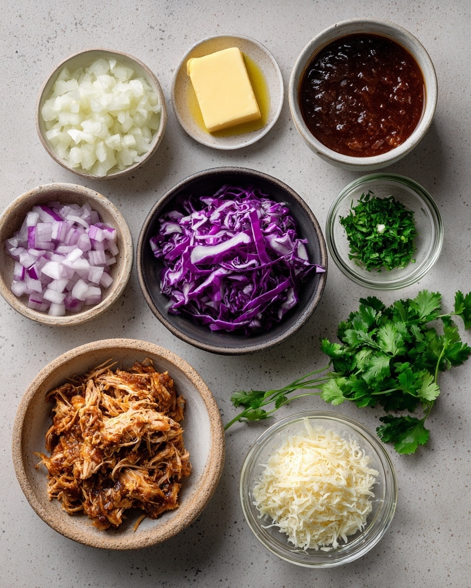 Three small sandwiches sit on a white plate with a speckled pattern, placed on a white marbled surface. Each sandwich has a soft, golden brown bun lightly sprinkled with white crumbs and small green herb pieces. Inside the sandwich, there is a layer of shredded orange-brown meat, followed by a visible layer of purple cabbage and some green pickles. The sandwiches are close to each other, with one sandwich showing a bite taken out, revealing the layers inside. At the bottom right of the image, a gold spoon holds thick, dark reddish-brown sauce, with some sauce spilled on the plate near it. Photo taken with an iphone --ar 4:5 --v 7