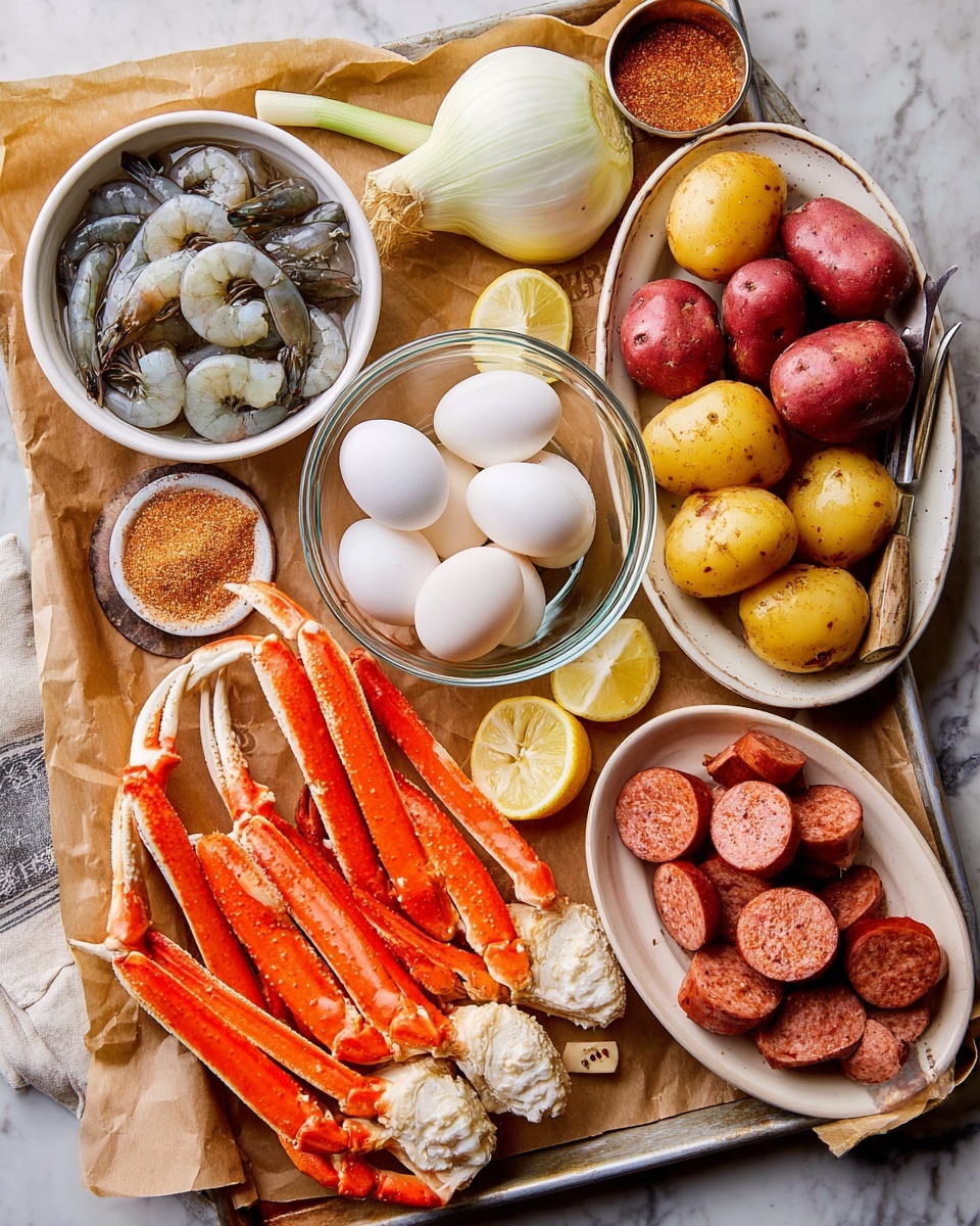 A large tray is filled with different seafood and ingredients arranged in layers. In the top left, a white bowl holds raw shrimp with gray and white shells. Next to it, a white speckled oval dish is full of yellow and red small potatoes. Near the center, a clear round bowl contains six white boiled eggs. Below, orange crab legs are spread out in the bottom left corner, with a few lemon wedges placed near them. To the right, a small white spoon holds a coarse orange spice mix. At the bottom right, a white speckled bowl is filled with sliced reddish-brown sausage. Onion slices with white layers surround the crab legs and sausage bowls. The whole scene is on a white marbled surface. Photo taken with an iphone --ar 4:5 --v 7