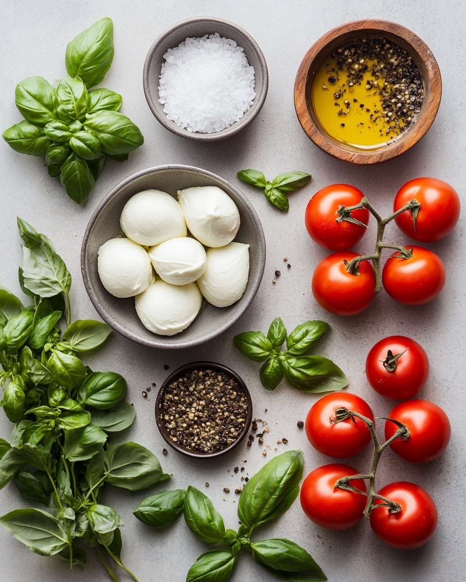 A white bowl filled with a colorful salad that has three main layers: bright green fresh basil leaves scattered on top, chunks of white soft cheese mixed throughout, and vibrant red and yellow cherry tomato halves forming the base. The salad is placed on a white marbled surface, with some basil leaves and a piece of sliced bread visible in the background. The textures show juicy tomatoes, crumbly cheese, and smooth, glossy basil leaves. Photo taken with an iphone --ar 4:5 --v 7