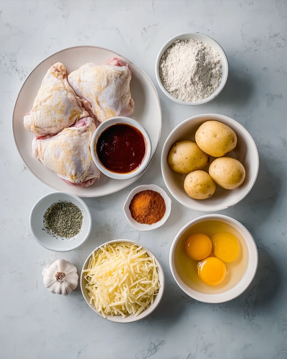 The image shows various ingredients arranged on a white marbled surface. At the center bottom, there is a white plate with four raw chicken thighs, pale pink with skin on. Just above and to the right, a white plate holds three small yellow potatoes. To the right, a white bowl contains two raw egg yolks with clear egg whites. Two whole garlic bulbs are placed near the eggs. A white bowl filled with shredded cheese sits at the bottom right. To the left side, a white bowl holds a white powdery substance. Above it, a small bowl contains green dried herbs. Next to this, another bowl has a dark brown liquid. At the top center, a bowl holds white and reddish powdered spices. The layout is neat, with each ingredient separated from others, all set on a clean white marbled surface photo taken with an iphone --ar 4:5 --v 7