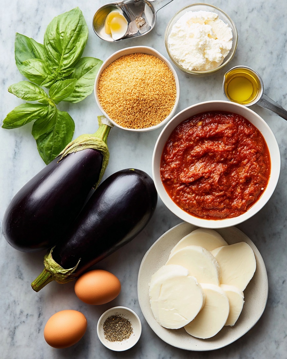 The image shows fresh cooking ingredients on a white marbled surface. Two large, dark purple eggplants with green tops are placed on the left. Above them are green basil leaves. To the right, there is a white bowl filled with chunky red tomato sauce. Below the tomato sauce is a white bowl with brown breadcrumbs. Two brown eggs lie between the eggplants and bowls. A white plate holds six thick slices of white cheese layered next to a wedge of yellow cheese. Small bowls containing white flour, dried herbs, olive oil, and garlic powder are scattered around the eggs and cheeses. photo taken with an iphone --ar 4:5 --v 7