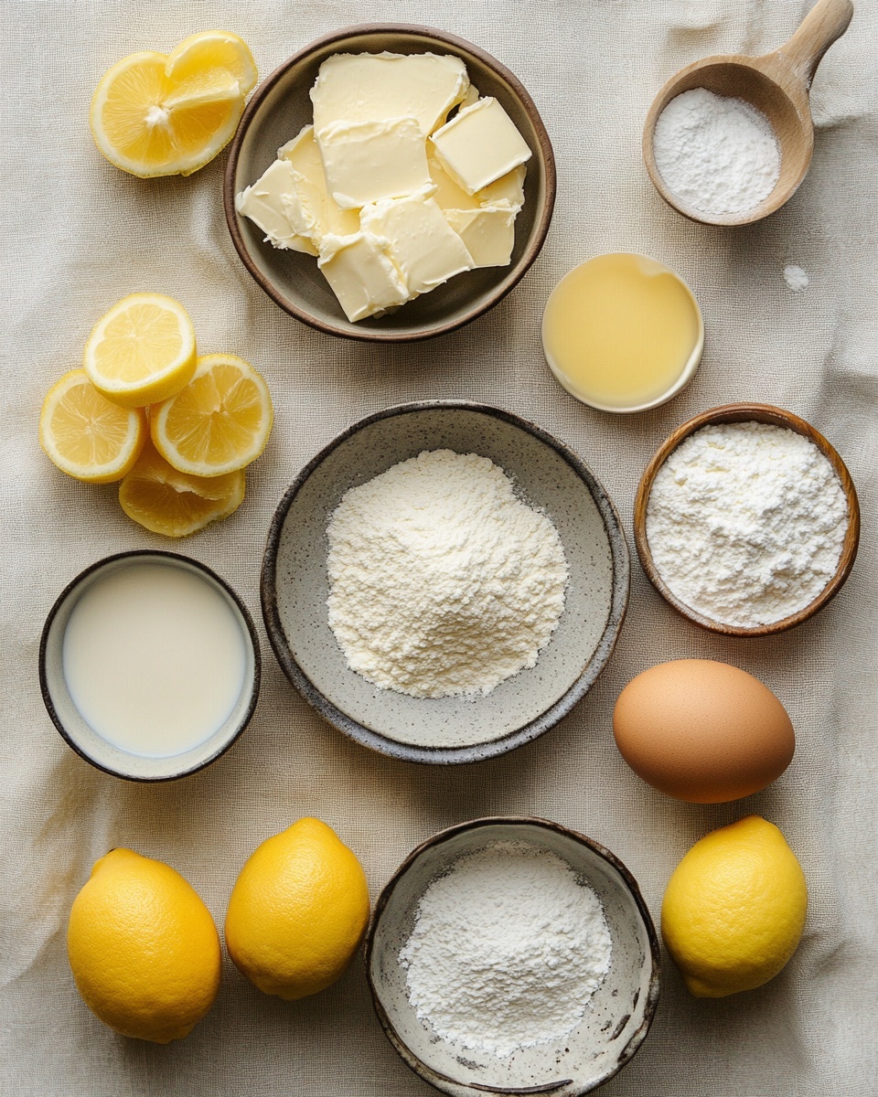 The image shows nine square pieces of light yellow lemon cake arranged on a wooden board, all topped with a thin white dusting of powdered sugar. The cake texture looks soft and moist with tiny holes visible throughout each piece. The board rests on a white marbled surface, and in the background, there is a bowl filled with whole and halved fresh yellow lemons and green leaves, adding a fresh contrast. A dark knife with a silver blade lies beside the cake pieces on the board. The lighting highlights the soft texture of the cake and the powdered sugar. Photo taken with an iphone --ar 4:5 --v 7