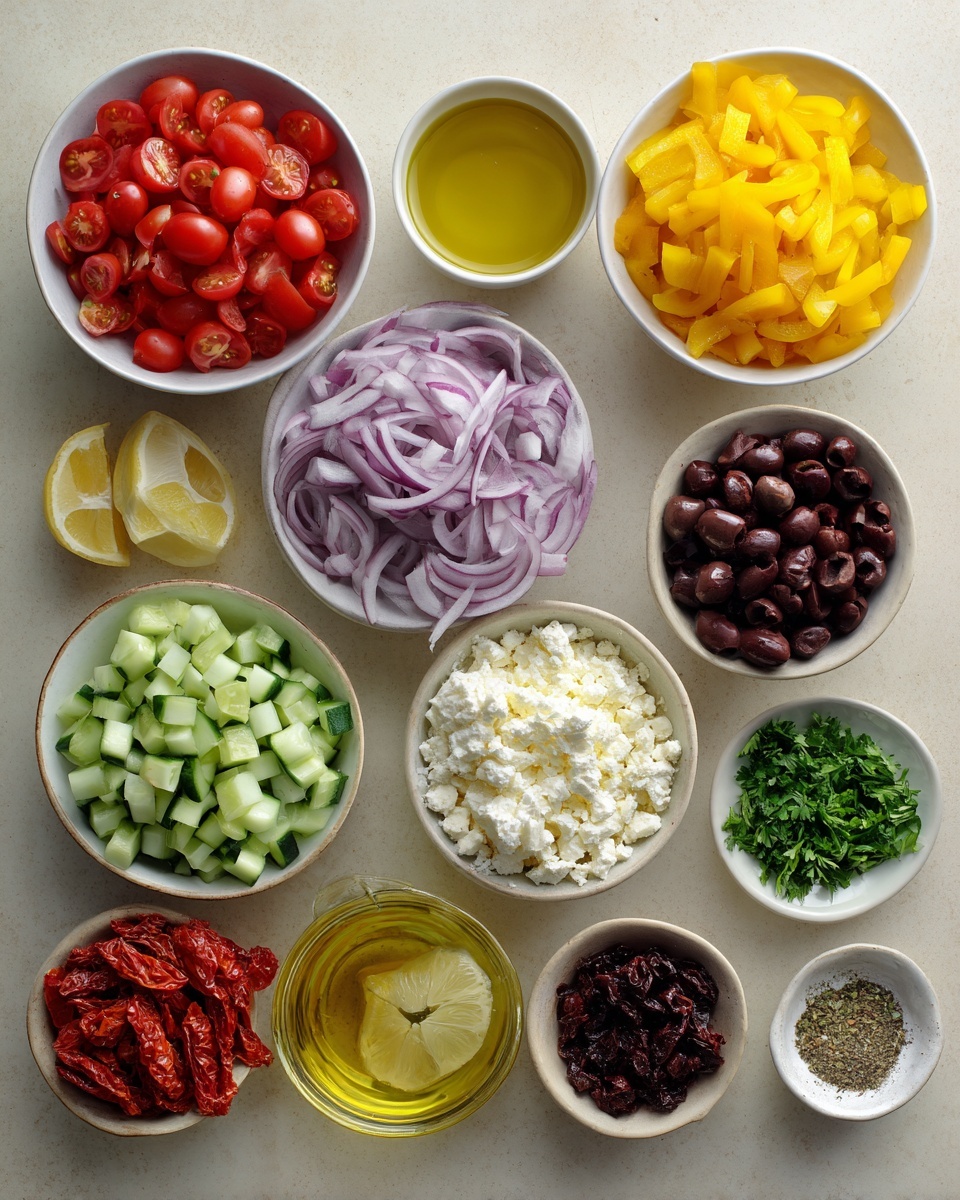 A wooden bowl full of colorful Greek salad showing many layers: diced red tomatoes, yellow bell pepper cubes, chopped green cucumber, black round olive slices, thin purple onion strips, and white feta cheese crumbles spread evenly on top. Bright green chopped parsley is sprinkled throughout for a fresh touch. A white spatula with a cream handle is resting inside the bowl, partly covered by the salad. The bowl sits on a white marbled surface with a white bowl of golden olive oil with black pepper, a beige bowl with more white cheese, and a small gray bowl with chopped green herbs around it. There is a blue and white striped cloth under part of the wooden bowl. Photo taken with an iphone --ar 4:5 --v 7