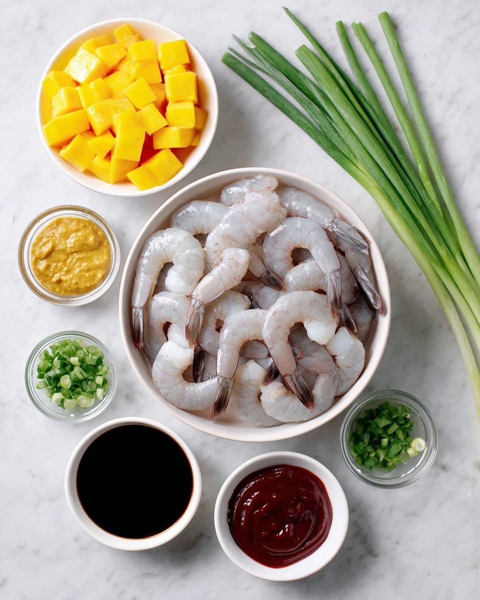 The image shows a white bowl filled with raw shrimp arranged in a circular pattern, their pale grayish bodies with hints of white and pink tails clearly visible. Around this bowl are five smaller white bowls and a bundle of green onions placed on a white marbled surface. One bowl contains bright yellow mango cubes, another holds a dark soy sauce, and a third has a light brown minced or crushed garlic paste. The fourth bowl is filled with vibrant red chili sauce, while the last one contains fresh green chopped cilantro. The green onions lie above the shrimp bowl, their long green stalks parallel to each other. The overall setting is clean and bright, emphasizing the fresh ingredients. photo taken with an iphone --ar 4:5 --v 7