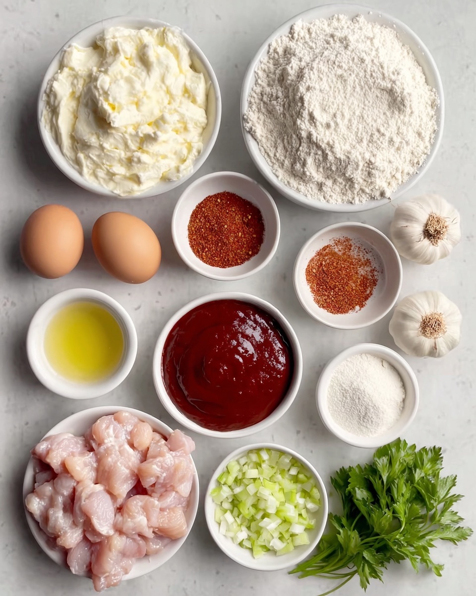 The image shows a white marbled surface with several white bowls and loose items arranged neatly. In the center left, there is a pile of raw light pink chicken pieces. Next to it on the right, a bowl is filled with small diced celery, pale green and white. Above that is a small bowl of deep red sauce. Close by is a small bowl with light yellow oil. In the middle, a tiny bowl contains reddish-brown spice powder. Above the spice is a large bowl filled with white flour. To the top left, a bowl contains thick white cream cheese, swirled on top. Five brown eggs and two garlic bulbs are scattered around the bowls. The scene is well-lit and clean. Photo taken with an iphone --ar 4:5 --v 7
