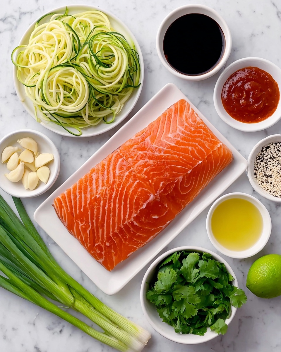 A large, fresh orange salmon fillet with visible white lines lies flat on a white rectangular plate in the center of the image. To the top left, there is a white round plate piled with light green spiralized zucchini noodles showing thin dark green skin strips. Around the salmon, scattered in small white round bowls, are different ingredients: a dark soy-colored sauce in the top right, a bright red chili sauce just below it, a shiny yellow oil to the right of chili sauce, chopped white garlic pieces at the bottom left, black and white sesame seeds next to the garlic, and fresh green cilantro leaves on the bottom right. A bunch of green onions is placed near the bottom left next to a half-cut lime showing a light green inside, all laid on a white marbled surface. The photo taken with an iphone --ar 4:5 --v 7