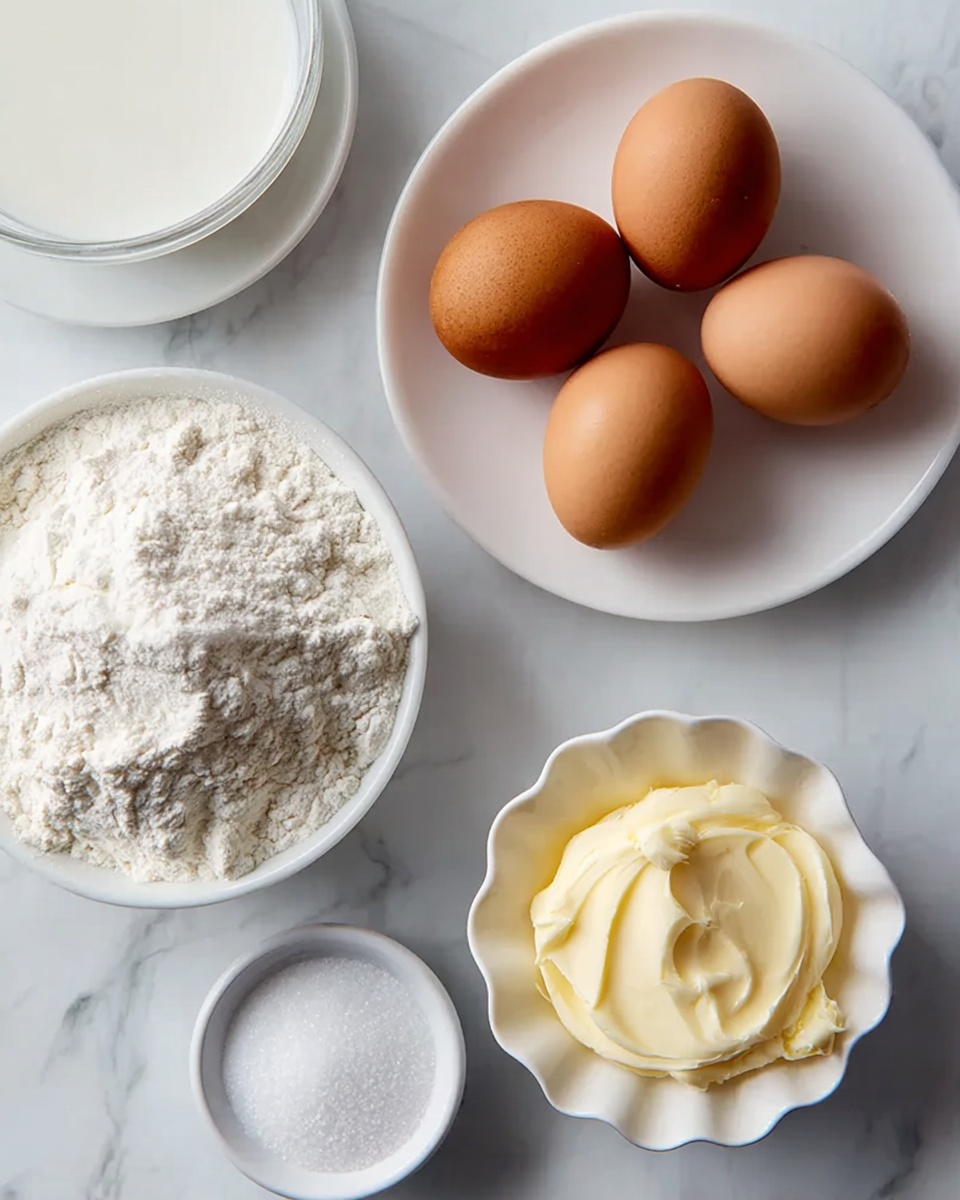 The image shows five white dishes on a white marbled surface, each holding a different baking ingredient. One round dish near the center contains three brown eggs with smooth shells. To the top right, a round bowl is filled with white flour that has a slightly clumpy texture. Below the flour bowl is a small, white scalloped dish holding soft, creamy butter with visible spread marks. At the bottom left, there is a small round bowl filled with granulated white sugar. The top left corner shows a stack of white plates with thin gold rims, partially visible. The overall colors are soft whites and browns, arranged neatly in a flat lay style. photo taken with an iphone --ar 4:5 --v 7