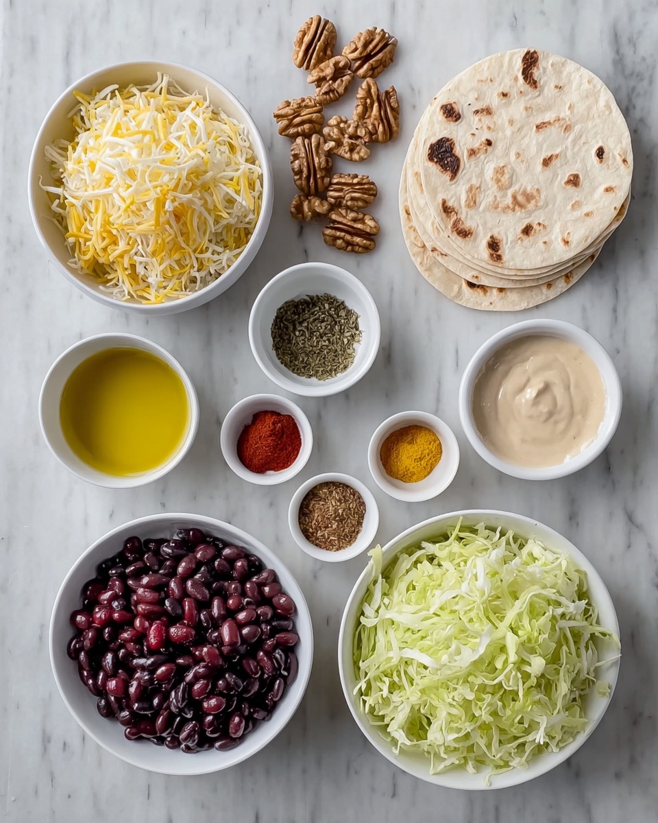 The image shows an arrangement of several small white bowls and plates on a white marbled surface, each filled with different ingredients. There is one bowl of shredded yellow and white cheese in the top left corner, a cluster of whole walnuts and walnut halves scattered above the bowls in the center, and a small stack of flat, round white tortillas to the right. In the middle, a bowl holds shiny black beans, while another bowl below it contains dark red beans mixed with a red sauce. A plate full of finely shredded light green lettuce is at the bottom right. There is also a bowl of creamy white sauce beside the beans, a small bowl of mixed dry spices including red, green, and gray powders, a bowl filled with green dried herbs, and a bowl of light olive oil. The photo taken with an iphone --ar 4:5 --v 7