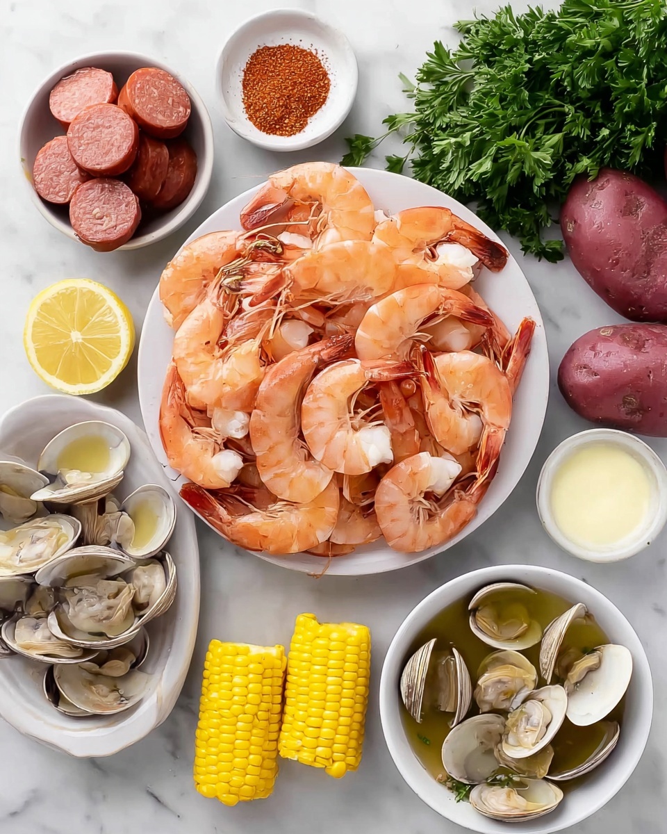 A white plate holds a circle of bright orange cooked shrimps with heads and tails on, arranged in a single layer. Around the plate are small white bowls and loose ingredients on a white marbled surface, including a bowl of sliced smoked sausage with pink inside, a bowl of cooked clams with opened shells, a small bowl of whole clams in greenish butter sauce, a small white dish with a square piece of pale butter, and a bowl filled with reddish seasoning powder. There is a bunch of fresh green parsley, two pieces of yellow and white corn on the cob, a stack of smooth red and tan potatoes, and a half lemon with bright yellow skin near the bottom right corner. photo taken with an iphone --ar 4:5 --v 7