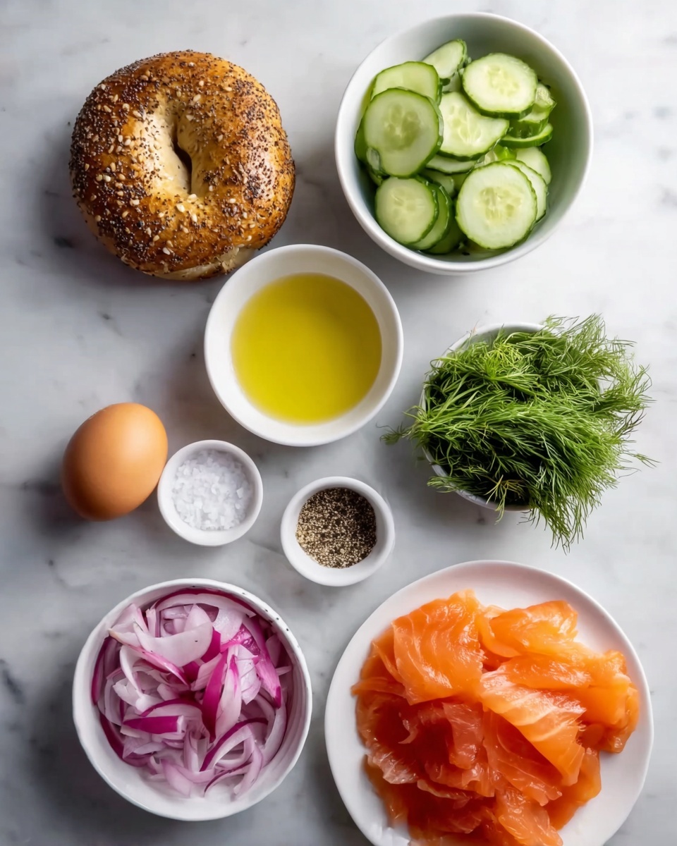 The image shows eight food items arranged neatly on a white marbled surface. At the top left, there is a toasted bagel with poppy seeds, showing a golden brown crust with a slightly shiny texture. Next to it on the right, a white bowl is filled with round, fresh green cucumber slices. Below the bagel to the left is a white bowl containing thinly sliced radishes and red onion, with the radish showing a white center and red edges, while the onion is pale purple. To the right is a white bowl filled with yellow liquid, likely melted butter or oil, with a smooth surface. Below these items, there is a whole brown egg with a smooth shell. Near the egg, there is a small white bowl filled with coarse white salt, showing irregular grains. Next, a small white bowl contains ground black pepper. The bottom right holds a white plate piled with thin slices of bright orange smoked salmon, showing a glossy and tender texture. Finally, a small bunch of fresh green dill sprigs rests beside the bowls and plate. Photo taken with an iphone --ar 4:5 --v 7