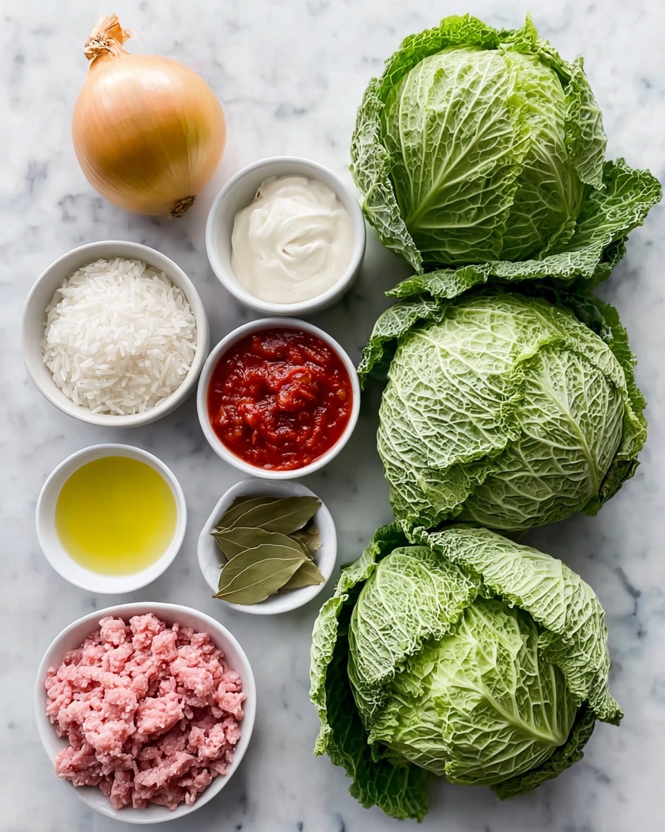 The image shows a close-up of nine stuffed cabbage rolls arranged in a circle inside a white dish. Each roll is wrapped in dark green cabbage leaves with a slightly charred and crispy texture on the outside. The rolls rest on a bright orange creamy sauce that covers the base of the dish completely. Small green herb leaves and sprigs, likely dill and oregano, are placed on top of each cabbage roll, adding freshness and contrast. The white marbled surface under the dish adds a clean, elegant background. Photo taken with an iphone --ar 4:5 --v 7