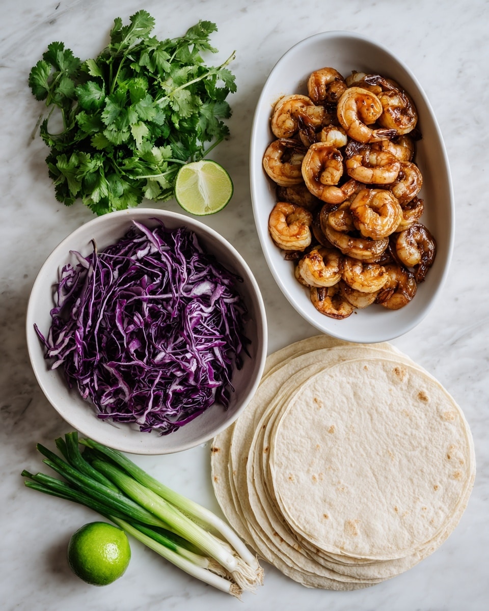 A white bowl on the left side is filled with thin, shredded bright purple cabbage. Above it, there is a bunch of fresh green cilantro with leaves and stems. To the right is a white oval dish holding several small pieces of cooked, golden brown shrimp with a slightly glossy sauce. On the right side, there are six stacked round, pale yellow corn tortillas with a soft matte texture. Next to the tortillas, a whole green lime sits beside a lime half, showcasing its light green inside with visible segments. On the far right, there are three bright green scallions with white bulbs and long green stems. All items are arranged on a white marbled surface. Photo taken with an iphone --ar 4:5 --v 7
