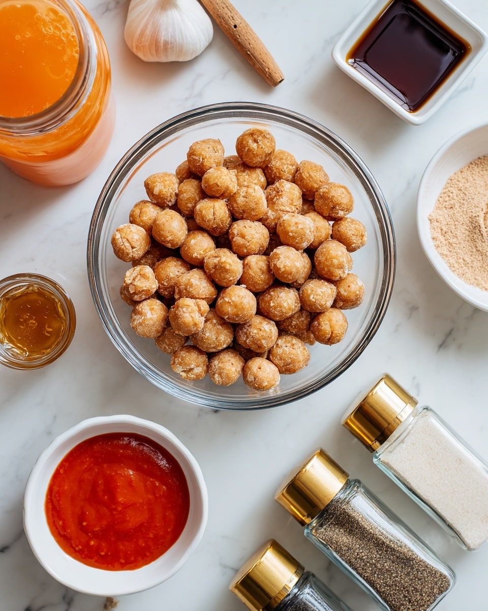 A clear glass bowl filled with many small, round, beige meatballs with a slightly rough texture is placed in the center on a white marbled surface. Around the bowl, there are seven containers: at the top left, a glass jar with orange honey and a wooden dip stick; below it, a small white dish with dark soy sauce; below that, a round glass bowl filled with shiny red ketchup; at the top right, a small white square bowl containing beige powder; next to it on the right, two glass spice jars with golden lids labeled black pepper and garlic salt; at the bottom center, a whole bulb of white garlic resting on the surface. All items are spread out neatly without overlapping, and the lighting is soft and even, highlighting the textures and colors clearly. photo taken with an iphone --ar 4:5 --v 7