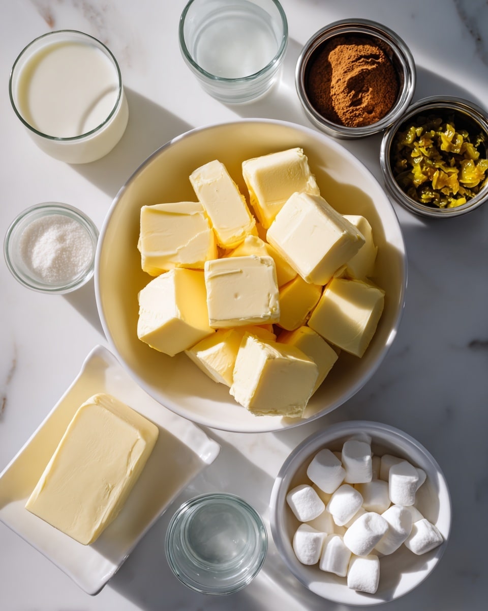 The image shows six white bowls and containers on a white marbled surface, each holding different ingredients. In the center, there's a large bowl filled with many pale yellow cubes of butter. Below it, a small square dish holds a single cube of butter. To the right, a smaller round bowl contains white marshmallows. Above the marshmallows, a small metal container is filled with yellow-green chopped pickles. To the left, a clear glass holds milk, and above it, a small glass container contains ground cinnamon. Another clear glass holding water is placed to the right. All items are neatly spaced around the center bowl. Photo taken with an iphone --ar 4:5 --v 7