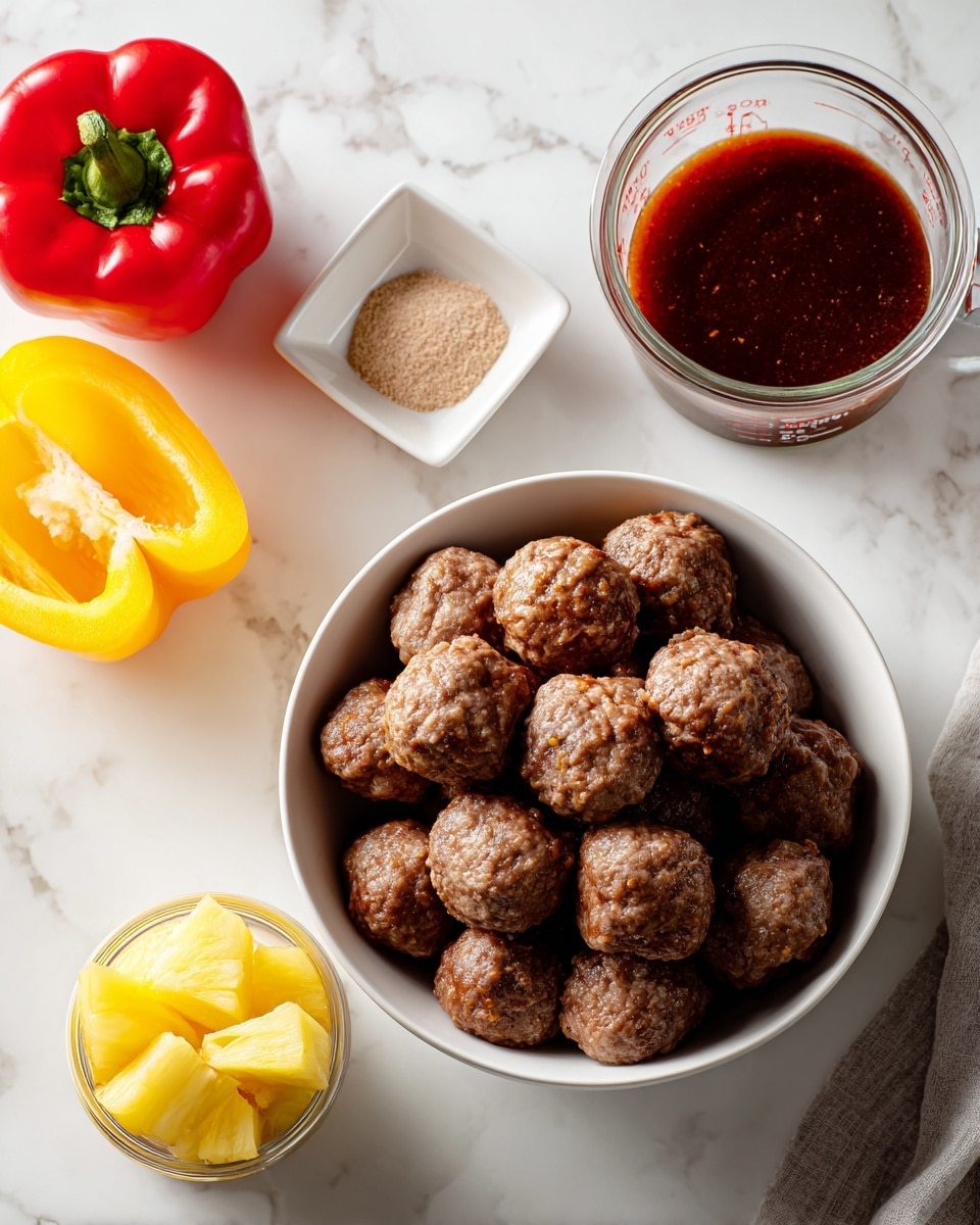A white bowl filled with round, browned meatballs sits in the center on a white marbled surface. To the left of the bowl are two whole bell peppers, one red and one yellow, both with a smooth and glossy texture. Above the peppers is a small white square dish holding a small pile of light brown powder. To the right of the bowl is a clear glass measuring cup with a dark, thick sauce inside and below it is an open can showing chunks of pale yellow fruit in syrup. The entire scene is bright and clean, with soft natural light. photo taken with an iphone --ar 4:5 --v 7