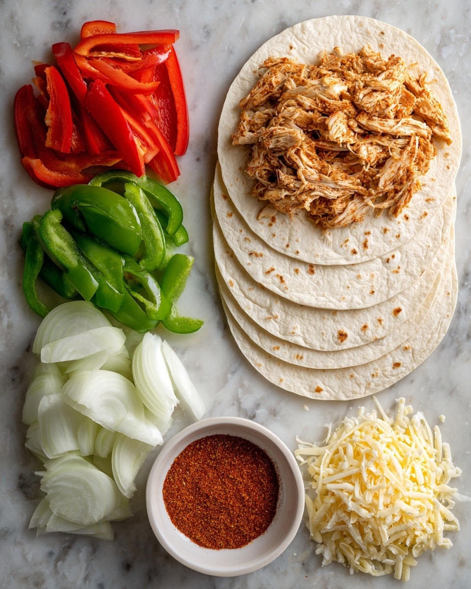 The image shows a white marbled surface with layers of ingredients arranged neatly. On the right, there are three soft white tortillas stacked, with one open in front showing shredded cooked chicken seasoned with reddish spices. To the left, there are three piles of vegetables: bright red sliced bell peppers at the top, vibrant green sliced bell peppers below them, and white sliced onions below the green peppers. At the bottom right, there is a small heap of shredded yellow and white cheese. At the bottom left, there is a small white bowl filled with dark red spice powder. All ingredients are fresh and colorful, ready to be assembled into wraps. Photo taken with an iphone --ar 4:5 --v 7
