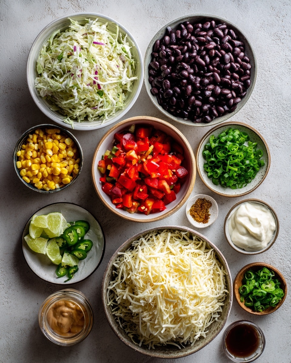 A close-up of a white bowl filled with a creamy salad made of shredded orange and green vegetables, black beans, and yellow corn mixed together with a thick white dressing. On top, crispy golden strips are scattered along with small chopped green herbs sprinkled over the salad. Some lime halves and tortilla chips lay on a white marbled surface around the bowl. The colors are warm with textures that show creaminess, crunchiness, and freshness. Photo taken with an iphone --ar 4:5 --v 7