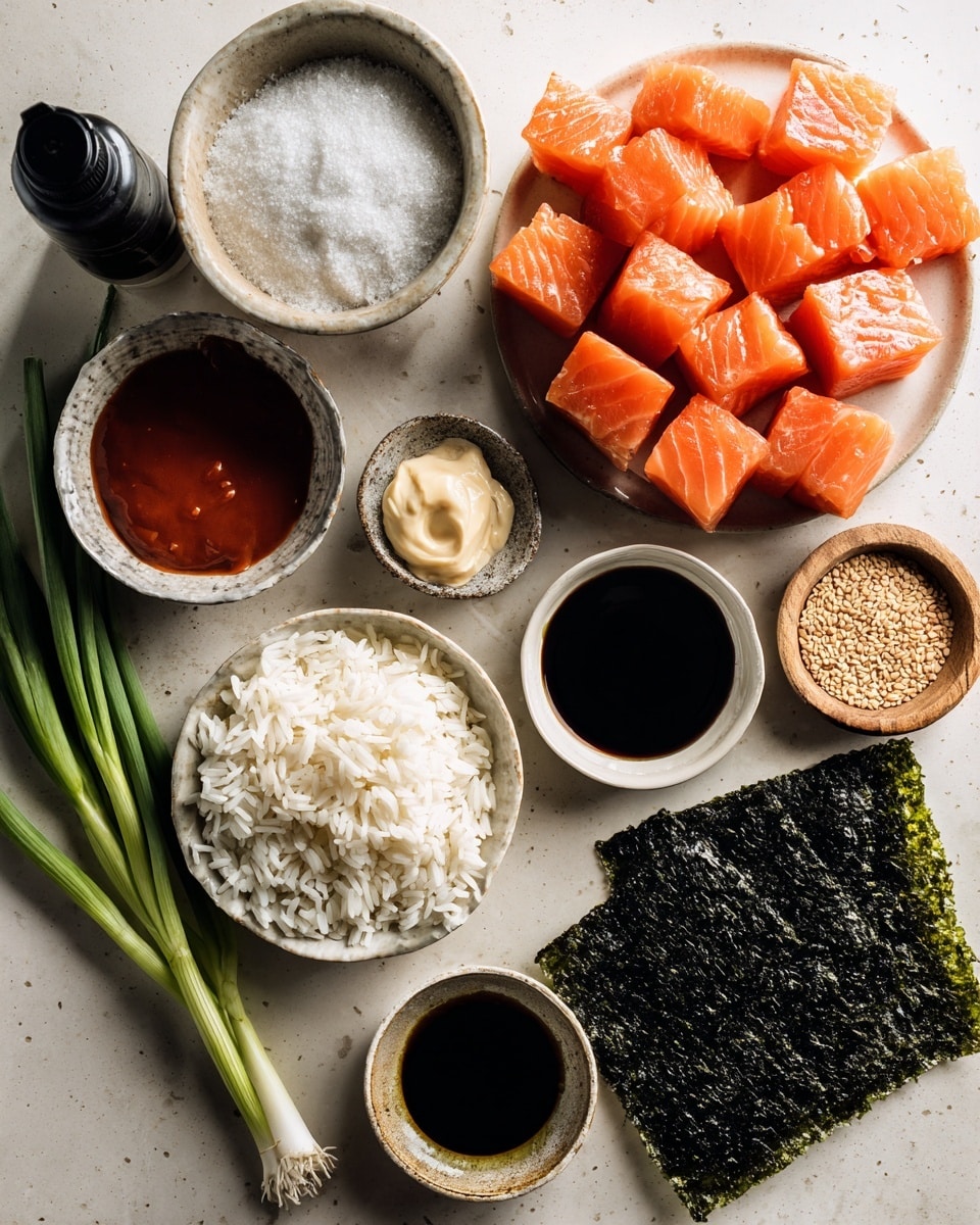 A close-up shows a piece of food held by chopsticks, with a base layer of dark green, crinkled seaweed, topped with small chunks of orange salmon. The salmon pieces are coated with a smooth, bright orange sauce, sprinkled with white sesame seeds and small green herbs, including finely chopped green onions. In the blurred background, more similar pieces are arranged on a white plate, all set on a white marbled surface. Photo taken with an iphone --ar 4:5 --v 7