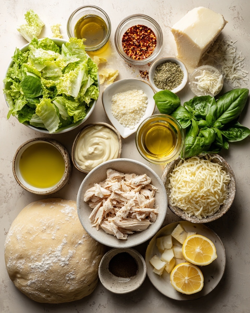 A round pizza with a thick, golden-brown crust that has a slightly crispy texture and melted cheese marks around the edge. On top, there are fresh, bright green romaine lettuce leaves arranged in layers, drizzled with creamy white dressing. Scattered among the lettuce are small, light brown crunchy croutons, and the whole dish is sprinkled with finely grated white cheese, adding a light dusting texture. Around the pizza, fresh green basil leaves are placed for garnish. The pizza sits on a white marbled surface with natural warm light shining on it, highlighting the textures and colors. Photo taken with an iphone --ar 4:5 --v 7