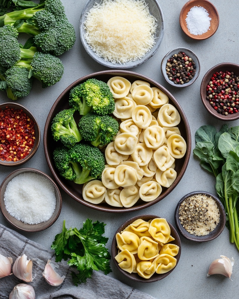A black rectangular baking dish is filled with a layered baked pasta dish featuring three main layers: at the base are lightly browned tortellini pasta with a creamy yellow color, mixed in with small, bright green broccoli florets. Scattered across the top are browned, round sausage slices with a deep reddish-brown color. The entire surface is covered with melted, light golden cheese sprinkled with finely grated white cheese and small bits of green herbs. The dish sits on a white marbled surface. photo taken with an iphone --ar 4:5 --v 7