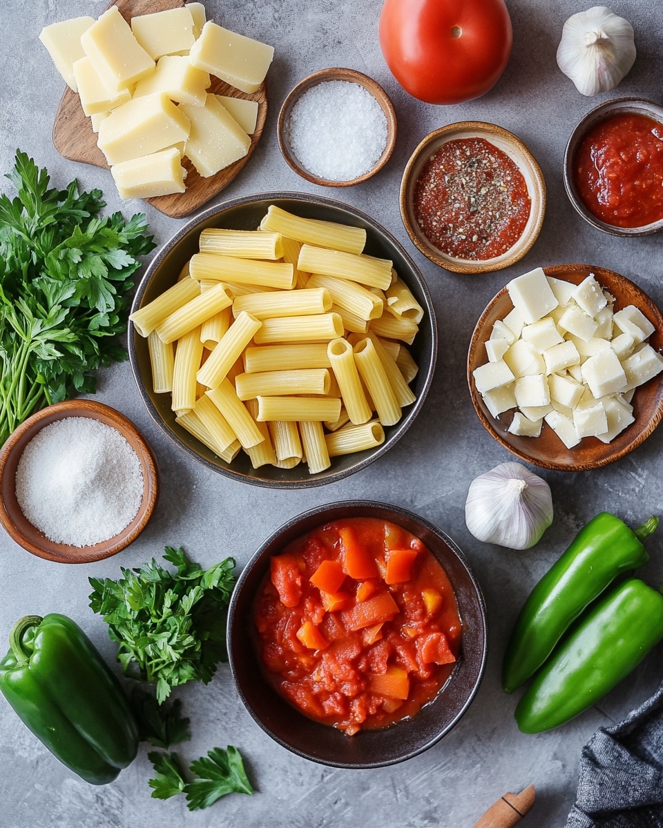 A white rectangular baking dish filled with baked rigatoni pasta covered in a layer of melted and slightly browned mozzarella cheese, sprinkled with small green parsley leaves. The rigatoni pasta is coated in a rich tomato sauce mixed with visible pieces of ground meat and green bell pepper chunks, forming the base layer. The top layer is the golden, bubbly melted cheese that stretches slightly where a portion of the pasta has been taken out. A gold fork is resting inside the dish with some pasta on its tines, placed on a white marbled surface with a light checkered cloth and some scattered parsley leaves around. Photo taken with an iphone --ar 4:5 --v 7