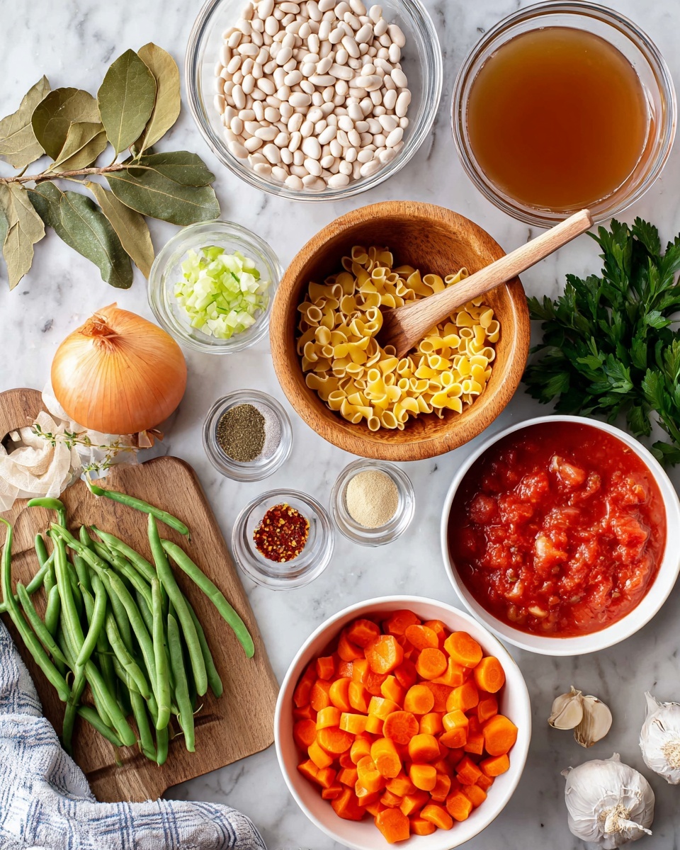 The image shows a top view of several ingredients arranged on a white marbled surface. At the center, there is a wooden bowl with small yellow pasta and a wooden spoon inside. To the top right, a white bowl holds bright orange sliced carrots, and next to it, a clear glass container is filled with light brown broth. Above the center bowl, a clear glass bowl contains white beans. To the bottom right, a white bowl is full of chunky red tomatoes. On the bottom left, fresh green beans rest on a wooden board with a large yellow onion beside them. The board also holds two dried bay leaves, a couple of garlic cloves, and small piles of spices in small white and wooden bowls. Fresh parsley sprigs are visible in the top left corner. A woman's hand holding a wooden spoon rests inside the wooden bowl. The overall scene has a clean, organized look with vibrant natural colors. photo taken with an iphone --ar 4:5 --v 7