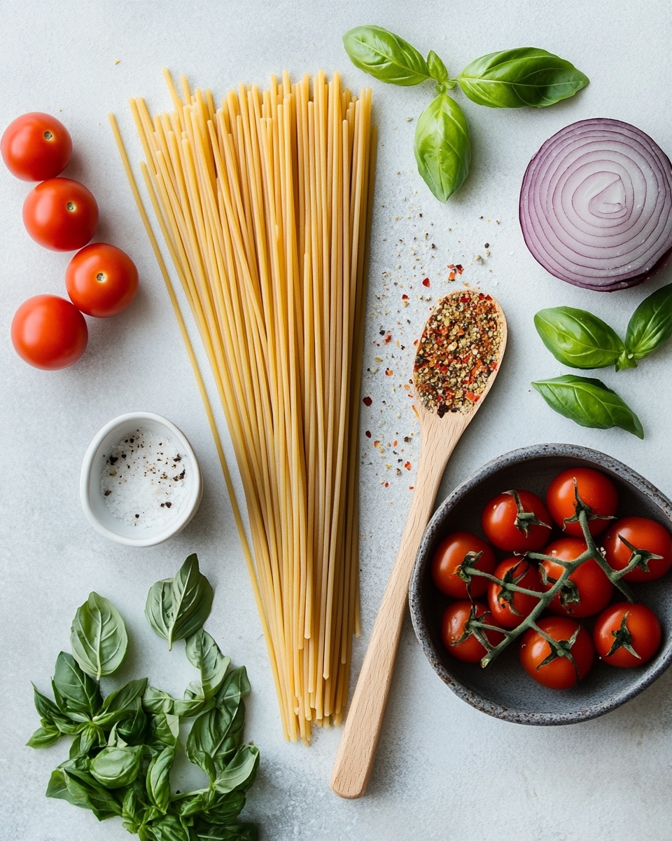 A white bowl filled with thick, flat pasta noodles coated in a light orange sauce, mixed with small pieces of cooked cherry tomatoes and bits of herbs and spices, garnished with fresh green basil leaves on top. The pasta strands are intertwined with a slightly glossy texture, showing the sauce clinging to them. Behind the bowl, there is a white box filled with bright red cherry tomatoes. The background is a white marbled surface, with natural sunlight casting soft shadows and highlighting the colors of the food. Photo taken with an iphone --ar 4:5 --v 7