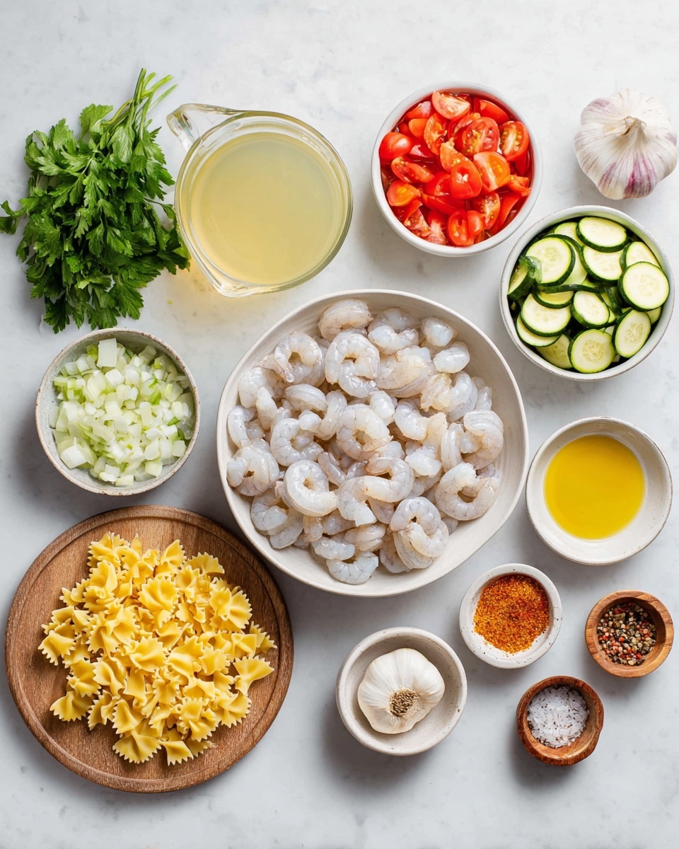 A close-up view of a white bowl filled with farfalle pasta mixed with peeled shrimp, slices of green zucchini, and diced red tomatoes, all coated in a light sauce with small green herb pieces sprinkled on top for garnish. The pasta is light yellow and soft-textured with slightly curled edges. The shrimp are pale pink with a smooth surface. The zucchini slices are green with a slight shine, and the tomato pieces add bright red color. A silver fork rests partially in the bowl on the right side. The bowl sits on a white marbled surface with a whole red tomato partially visible in the upper left corner. photo taken with an iphone --ar 4:5 --v 7