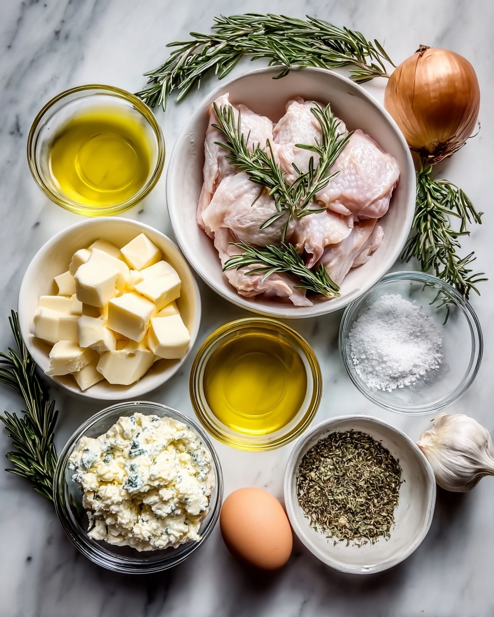 The image shows a top view of several small white bowls and containers arranged on a white marbled surface. One bowl holds raw pale pink chicken with three green sprigs of rosemary on top. Another bowl contains yellow cubes of butter. Next to it, a small white bowl is filled with a crumbly white cheese. There is a clear glass bowl with a white and green creamy mixture that looks like cheese with herbs. A small glass bowl contains a mix of dried herbs. Two glass containers hold golden yellow oils. There is also a clear bowl full of white salt. On the side, a brown unpeeled onion, a garlic bulb, and one brown egg rest together. The setup is neat and bright, showing fresh ingredients ready for cooking. photo taken with an iphone --ar 4:5 --v 7
