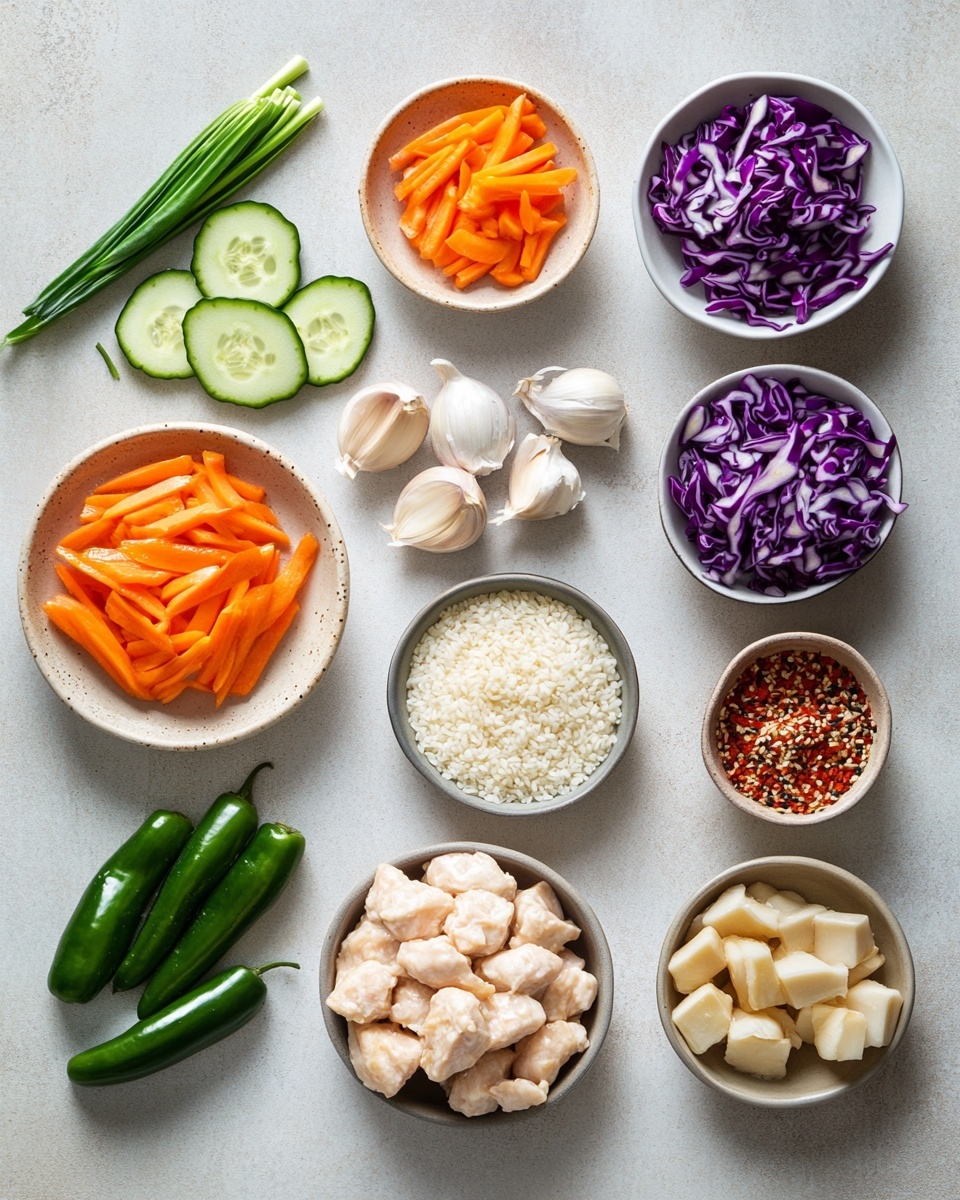 A white bowl contains a layered dish starting at the bottom with a layer of white rice. On top of the rice, there is a mix of diced light brown cooked chicken pieces covered in a creamy light orange sauce with black sesame seeds and chopped green onions scattered over. To one side of the bowl, there are thin round slices of dark orange carrots and bright purple cabbage mixed with the same creamy light orange sauce. On the opposite side, there is a neat row of thin green cucumber slices. The whole dish rests on a white marbled surface. photo taken with an iphone --ar 4:5 --v 7