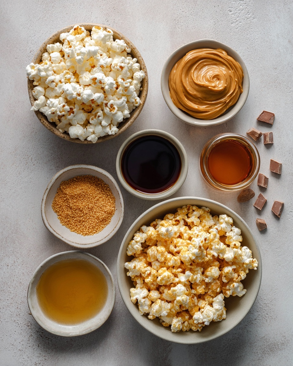 A black rectangular tray filled with one thick layer of caramel-coated popcorn, which is light brown and shiny, mixed evenly with small round candy pieces in bright orange, yellow, and dark brown colors scattered on top. The tray is placed on a white marbled surface with a light blue textured brick wall background. photo taken with an iphone --ar 4:5 --v 7