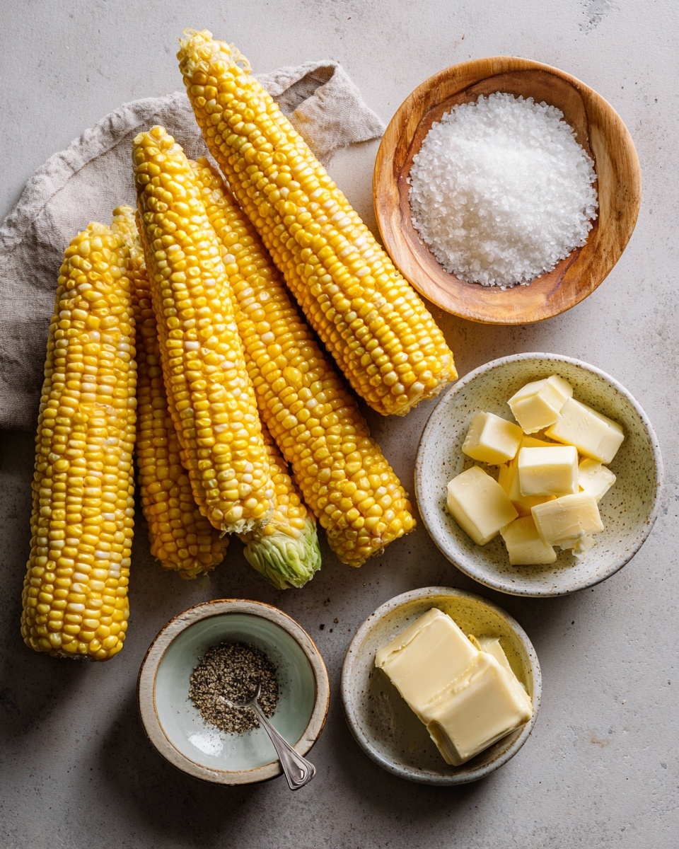 A close-up of a yellow and white corn cob held by a woman's hand grasping a wooden stick at the bottom, showing plump kernels sprinkled with black pepper. Behind it, a white bowl filled with more corn cobs on sticks is visible, all set against a blurred white marbled surface. The bright yellow and cream colors stand out sharply. photo taken with an iphone --ar 4:5 --v 7