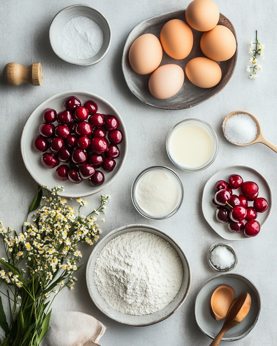 An oval white baking dish holds a golden-brown cherry clafoutis with two layers: a smooth, slightly risen base and a top layer dotted with deep red cherries partially sunken into the batter, all sprinkled with a fine dusting of white powdered sugar. The dish sits on a white marbled surface with a white colander filled with fresh dark red cherries to the upper left, a few cherries scattered nearby, and a metal tea strainer positioned to the lower right. Photo taken with an iphone --ar 4:5 --v 7