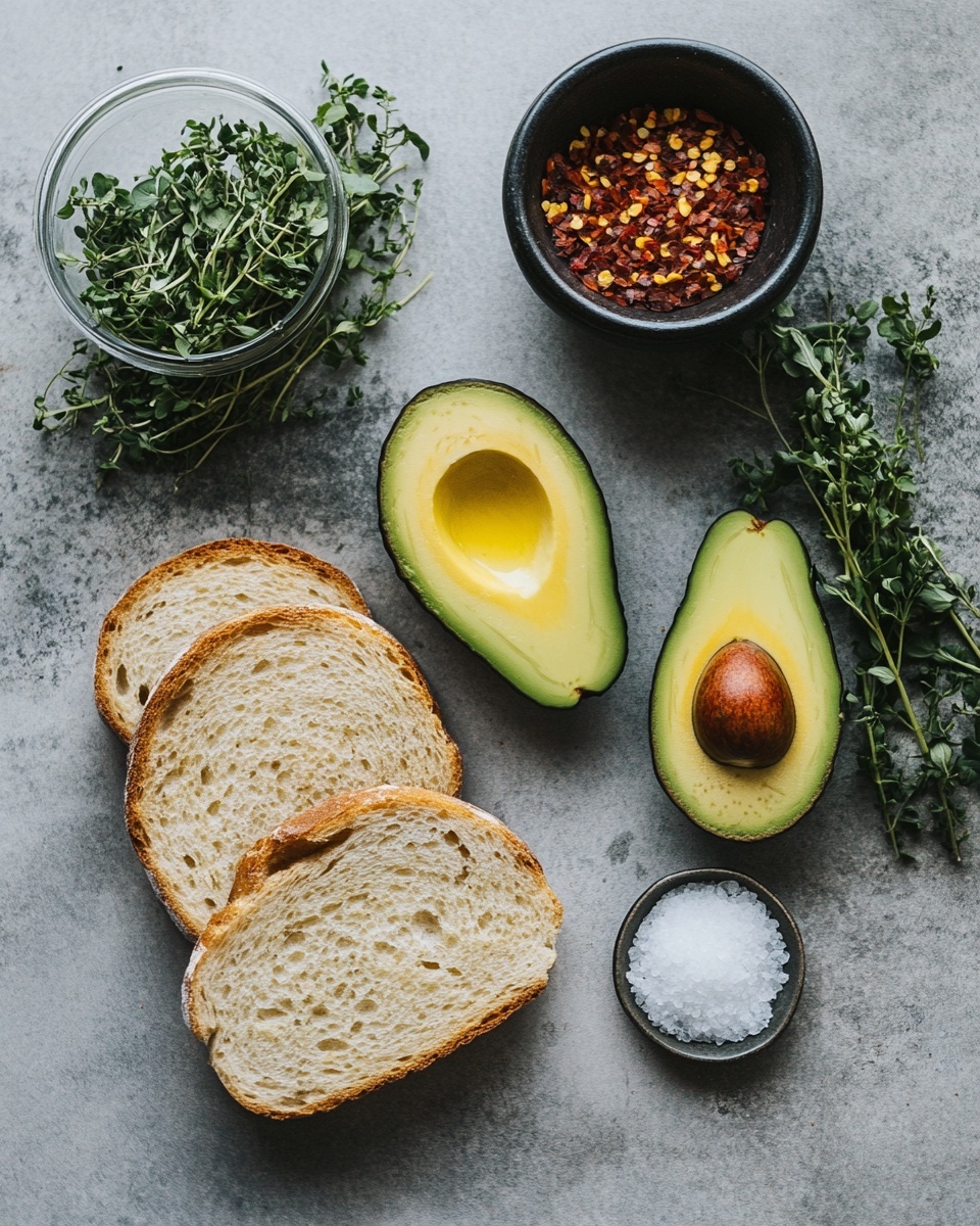 The image shows two slices of toasted brown bread on a white marbled surface. Each slice has a layer of sliced avocado, topped with a drizzle of golden oil and sprinkled with black pepper and coarse salt. Above the toast, there is a halved avocado with the seed still inside, showing its green flesh and dark brown skin. Around the toast and avocado, there are four small white bowls: one filled with chunky mashed avocado, one with crushed red pepper flakes, one with coarse salt, and one with orange-colored oil. Small green herb sprigs are scattered around for decoration. The whole setup is bright and clean, with a fresh and natural feel. photo taken with an iphone --ar 4:5 --v 7