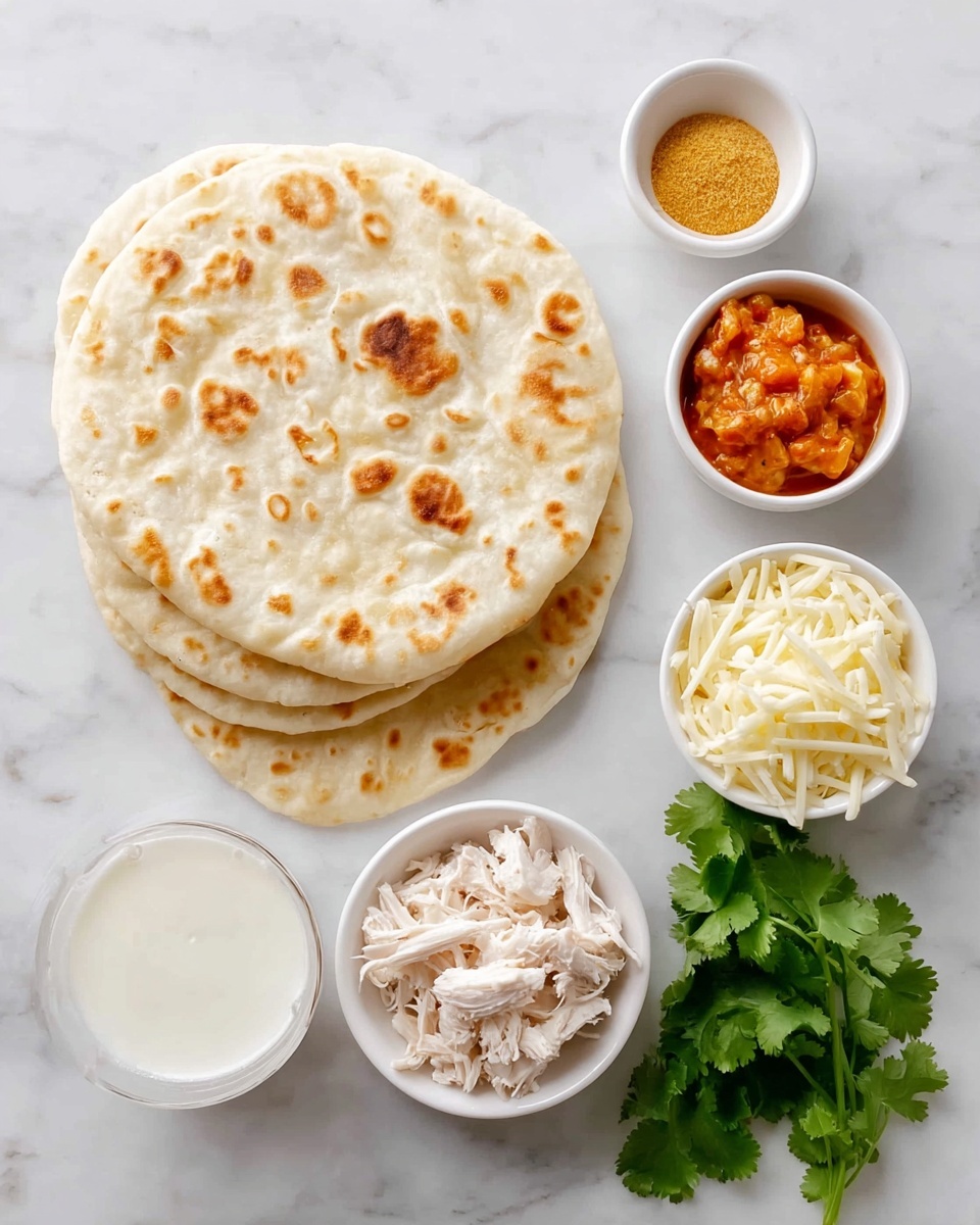 The image shows three round flatbreads stacked on top of each other with a white color and toasted brown spots. Surrounding the flatbreads are six small white bowls or plates: one with shredded white cheese, another with shredded white cooked chicken, one filled with thick orange sauce that has visible small chunks, a small bowl with a yellow powder, another filled with a smooth white creamy sauce, and a clear glass with water. A few green fresh parsley leaves are placed beside the bowls on a white marbled surface. The photo taken with an iphone --ar 4:5 --v 7